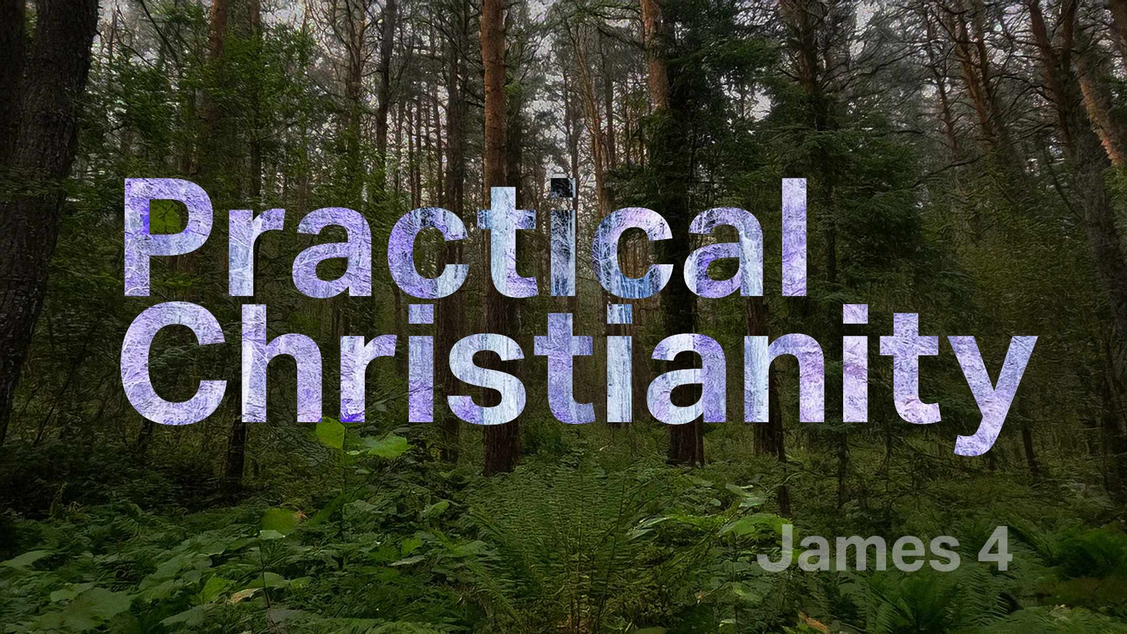 The words 'Practical Christianity' and 'James 4' are overlaid on a photo of a lush, green forest with tall trees and ferns on the ground.